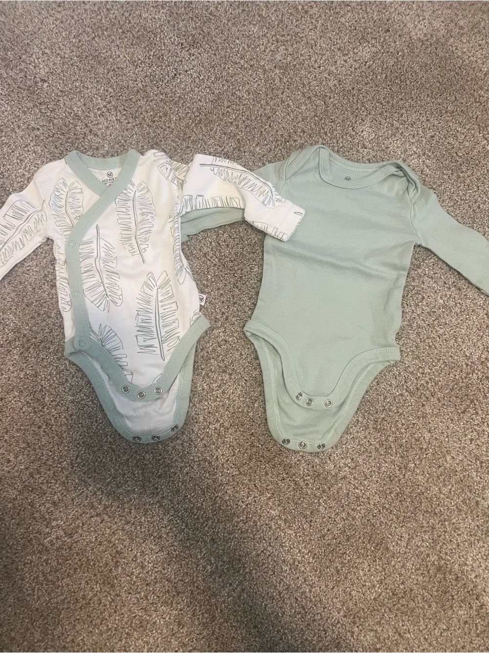 The Honest Company Sage Green & White Leaf-Print Long-Sleeve Baby One-Piece Duo